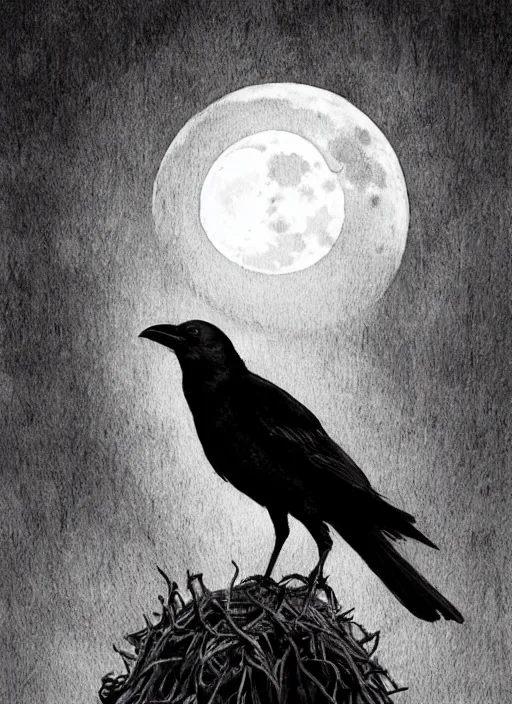 Image similar to portrait, A crow in front of the full big moon, book cover, red white and black colors, establishing shot, extremly high detail, foto realistic, cinematic lighting, pen and ink, intricate line drawings, by Yoshitaka Amano, Ruan Jia, Kentaro Miura, Artgerm, post processed, concept art, artstation, matte painting, style by eddie mendoza, raphael lacoste, alex ross