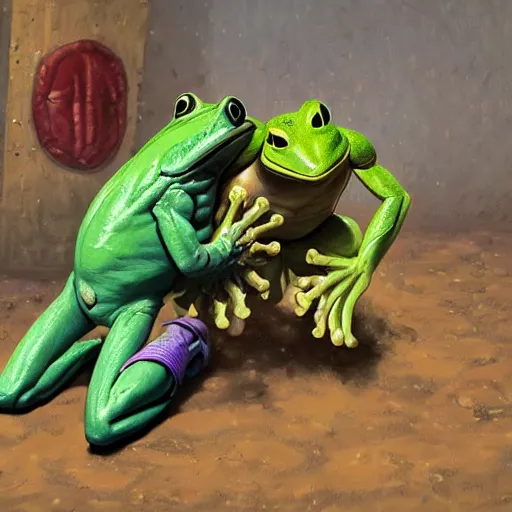 Image similar to a muscular anthro frog character suplexing an anthro toad character in a makeshift wrestling ring, dynamic, oil painting, cartoon, very detailed