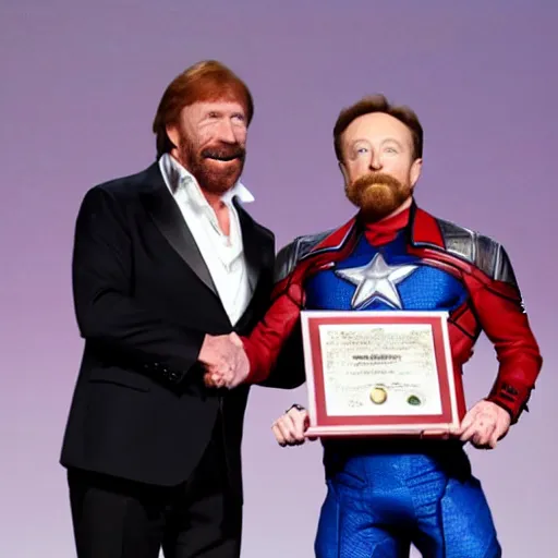 Prompt: uhd hyperdetailed candid photo of cosmic chuck norris dressed as captain america, wearing extremely intricate costume, receiving an award from elon musk. photo by annie leibovitz