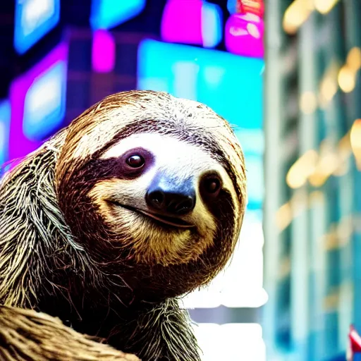 Prompt: a colorful photo of a sloth playing basketball in time square