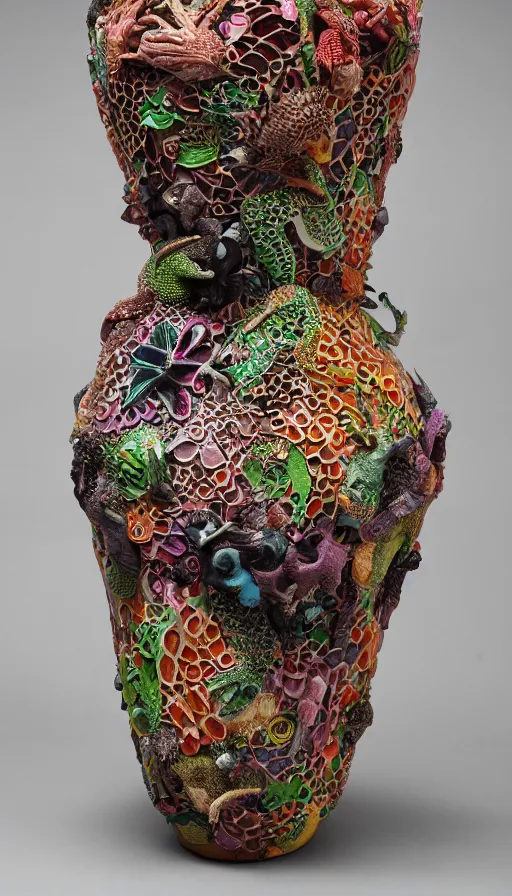 Prompt: Studio Photograph of Beautiful Intricately sculpted flowerlike Ceramic Vase intricately carved with sgraffito Lizard scales and painted with the image of Hungry Lizards by Paul Klee By Hans Bellmer by Georges Braque and covered with bird skulls by Caravaggio, high contrast iridescent glaze Bright Intense Colors shocking detail hyperrealistic trending on artstation