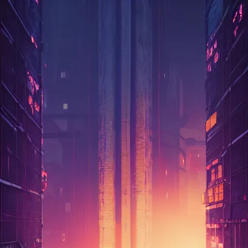 Image similar to One dilapidated building with only one window glowing. ArtStation, Cyberpunk, Vertical Symmetry, 8K, Highly Detailed, Intricate, Album Art.