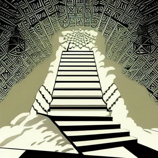 Image similar to A black and white freemasonic chequered surrealist digital painting of a stairway to into the clouds in the art style of jeff koons, Gilbert williams, Edwin Frederic Church and Christopher Balaskas, trending on artstation, 4k UHD