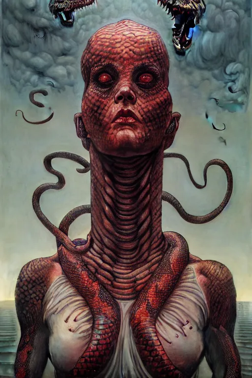 Prompt: lilith the mother of all monsters angry, snakes coming out of her chest, raining ash, fine art masterpiece, highly detailed dino valls wayne barlowe machiej kuciara, dramatic lighting, long shot, wide angle, uhd 8 k, sharp focus