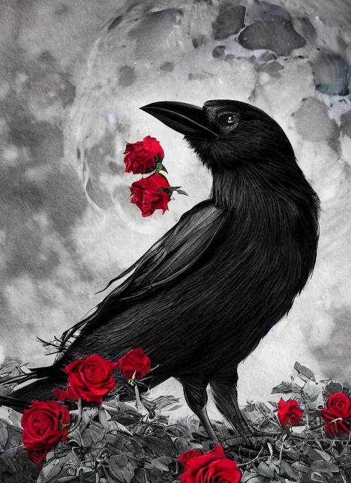 Image similar to portrait, A crow with red eyes in front of the full big moon, book cover, red roses, red white black colors, establishing shot, extremly high detail, foto realistic, cinematic lighting, pen and ink, intricate line drawings, by Yoshitaka Amano, Ruan Jia, Kentaro Miura, Artgerm, post processed, concept art, artstation, matte painting, style by eddie mendoza, raphael lacoste, alex ross