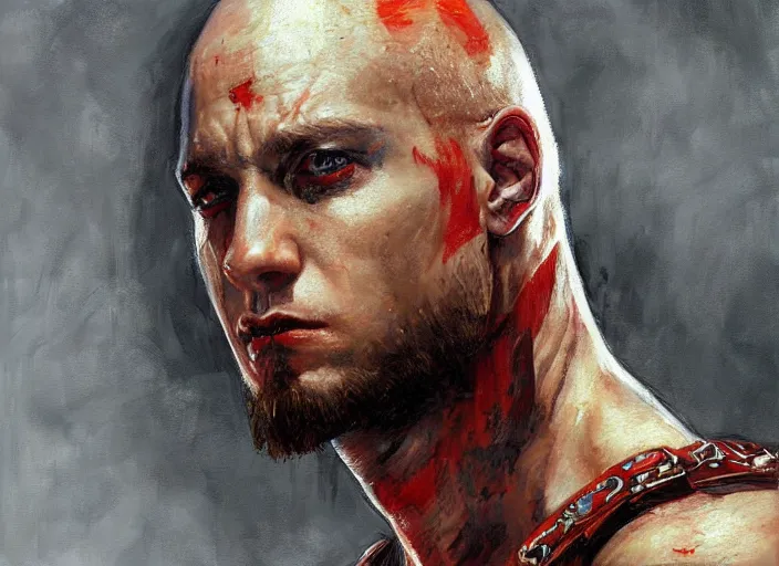 Prompt: a highly detailed beautiful portrait of eminem as kratos, by gregory manchess, james gurney, james jean