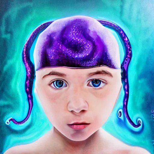 Prompt: preteen, purple eyes, small purple tentacle, photorealism, 4k,