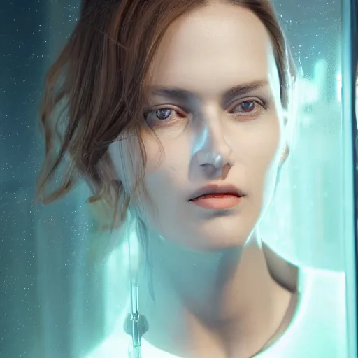 Prompt: a extremely realistic digital image of a stunning woman imprisoned in a four-dimensional glass box, with extremely realistic robots watching over her by Andrea Chiampo, artstation and Frederik Heyman, extremely detailed woman, stunning volumetric lighting, full body shot, hyper realism, fantasy 4k