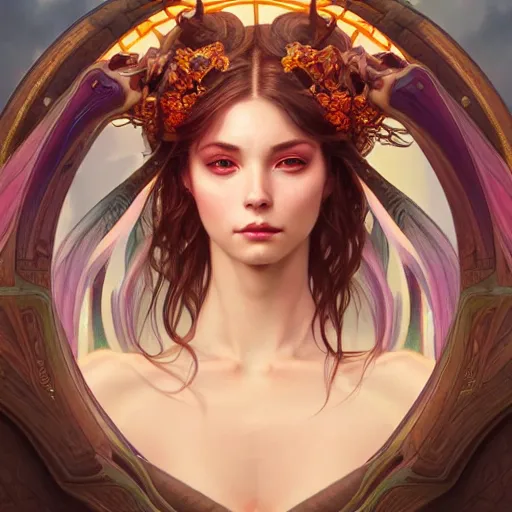 Image similar to perfectly - centered portrait of demon goddess, beautiful, gorgeous, cute, amazing, highly detailed, professional digital painting, unreal engine 5, photorealism, hd quality, 8 k resolution, cinema 4 d, 3 d, cinematic, art by artgerm and greg rutkowski and alphonse mucha and loish and wlop