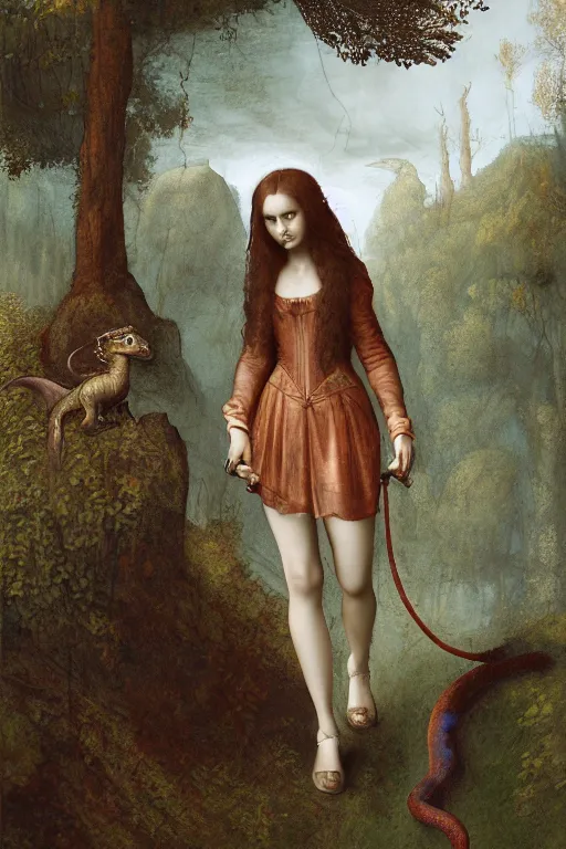 Prompt: a Leonardo da Vinci oil portrait of a young gothic girl walking in a forest with a cute pet dragon on a leash, vivid colors, high details, cinematic, 8k resolution, beautiful detailed, photorealistic, digital painting, artstation, concept art, smooth, sharp focus, illustration, fantasy background, artstation trending, octane render, unreal engine