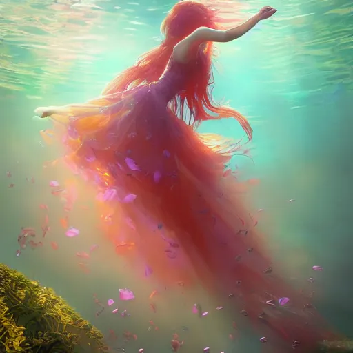 Prompt: portrait Ginger woman in a swirling sundress of flowers, underwater, floral explosion, radiant light, vortex of plum petals, by WLOP and artgerm, artstation, deviantart