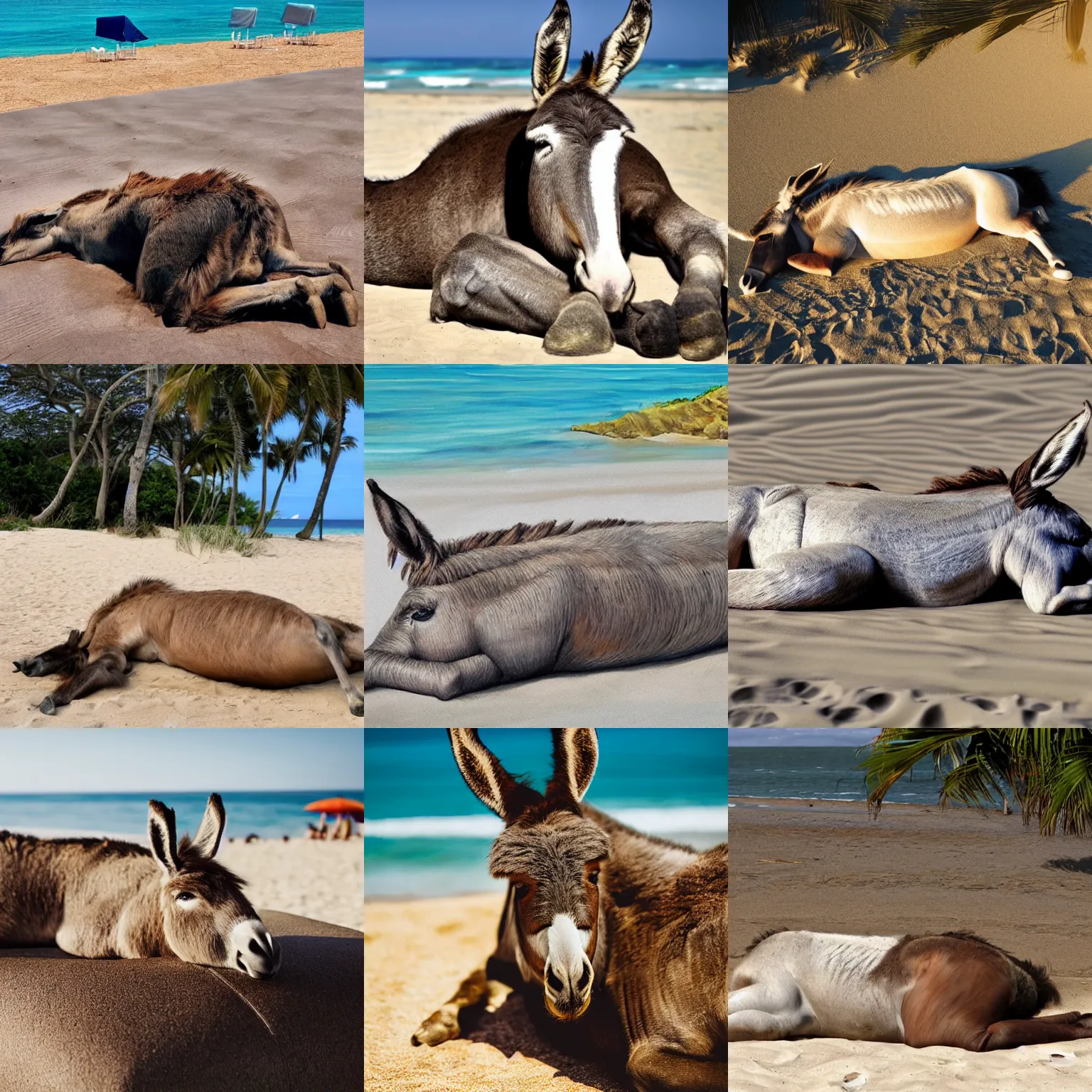 Prompt: A donkey lying on a sunbed near the beach, photorealistic