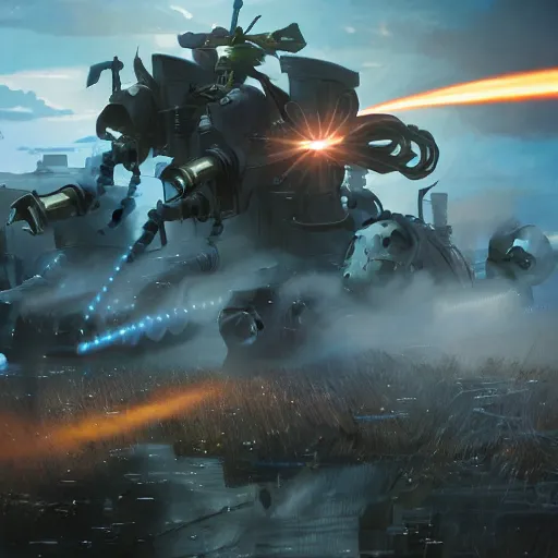 Prompt: The charge of the light brigade with robotic horses, steampunk, dramatic lighting, heavy weapons fire, energy weapons, light fog, by Makoto Shinkai and Ruan Jia