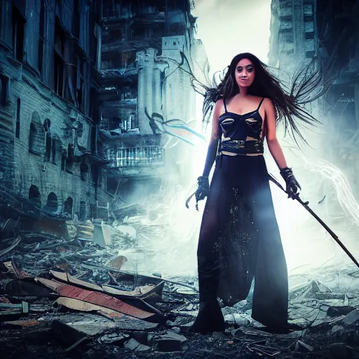 Image similar to beautiful sorceress girl in full battle gear, casting a spell, in a destroyed city, moody lighting, 8 k, shallow depth of field, cinematic lighting,