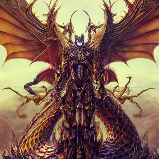 Image similar to a scary symmetrical muscular full body wearing a dragon armor with wings made of golden ornaments and gems, by alex gray and android jones , Karol Bak, Ayami Kojima, Amano , concept art, character design, fantasy,3D, 8k resolution