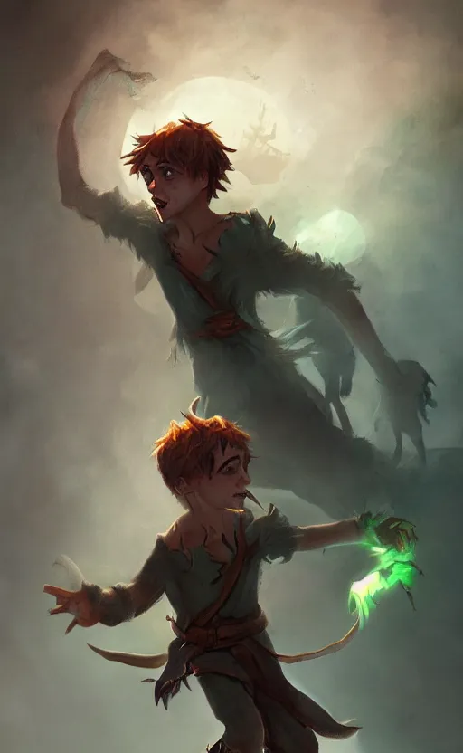 Image similar to peter pan depicted as a monster, dynamic lighting, photorealistic dark fantasy concept art, trending on art station, stunning visuals, creative, cinematic, ultra detailed