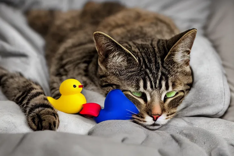 Prompt: funny cat hugging a plastic duck toy, laying in messy bed full of trash, insanely detailed, 8 k, hdr, gfx association, low angle, tilted, perfect lighting, macro lens, professional lenses awards winning trending on artstation, cover, national geographic best photo of the year