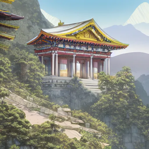 Image similar to concept art painting of a marble temple on top of a mountain, with greek and japanese architecture, overlooking a village in a valley, early morning, realistic, detailed, cel shaded, in the style of makoto shinkai and greg rutkowski and albert bierstadt and james gurney