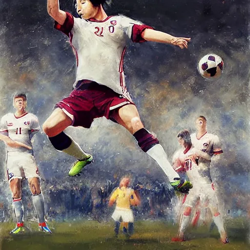 Prompt: A fierce Japanese football player jumping in the air for kicking the ball, by Ruan Jia