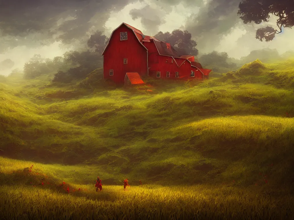 Prompt: Intricate detailed lush ravine with an isolated red barn next to a wheat crop at noon. Wide angle shot, surreal, dreamlike, fantasy, Artstation, Randy Vargas, Anato Finnstark, Bayard Wu, Marc Simonetti.