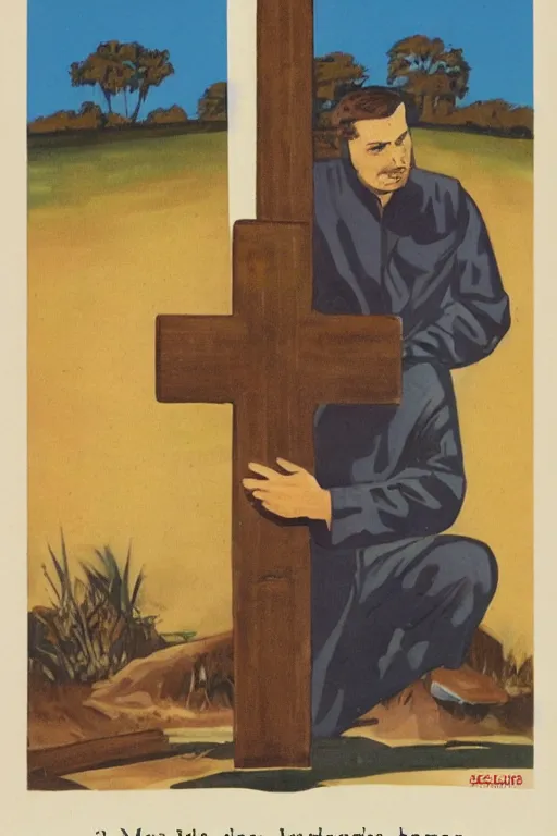 Image similar to man kneeling at the base of a wooden cross, 1960’s advertising art illustration