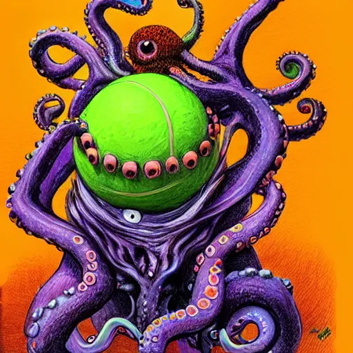 Image similar to a tennis ball monsters, octopus, colorful, digital art, fantasy, magic, trending on artstation, ultra detailed, professional illustration by basil gogos