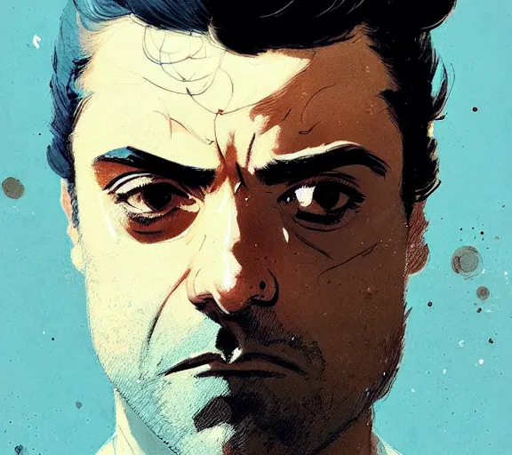 Image similar to portrait of portrait, oscar isaac as an emperor, by atey ghailan, by greg rutkowski, by greg tocchini, by james gilleard, by joe fenton, by kaethe butcher, by ashley wood, dynamic lighting, gradient light blue, brown, blonde cream and white color scheme, grunge aesthetic