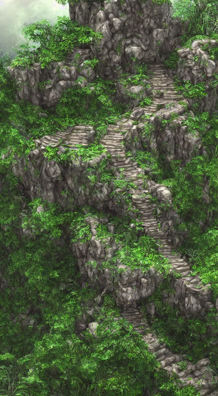 Prompt: Starway to a Mystical Jungle Temple, Carved stone Starway on a cliff, Jungle, Lush vegetation, Overgrown, photorealistic, detailed, artstation, 4k