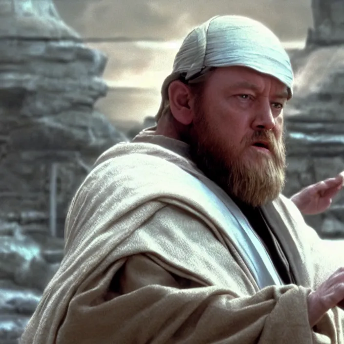 Prompt: obi wan kenobi but obese, photoralistic rendering, movie still, screenshot, hyperdetailed