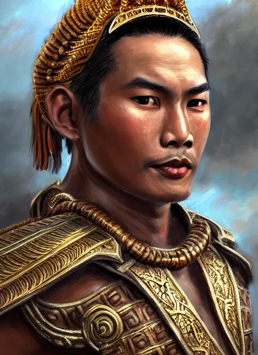 Image similar to smart ramkhamheang, closeup portrait, without beard and mustache, historical hero, ethnic group, tai costume, thai transitional bronze headdress, intricate, with leather armor cross on bare chest, elegant, loin cloth, highly detailed, oil painting, artstation, concept art, matte, sharp focus, illustration, hearthstone, art by earl norem