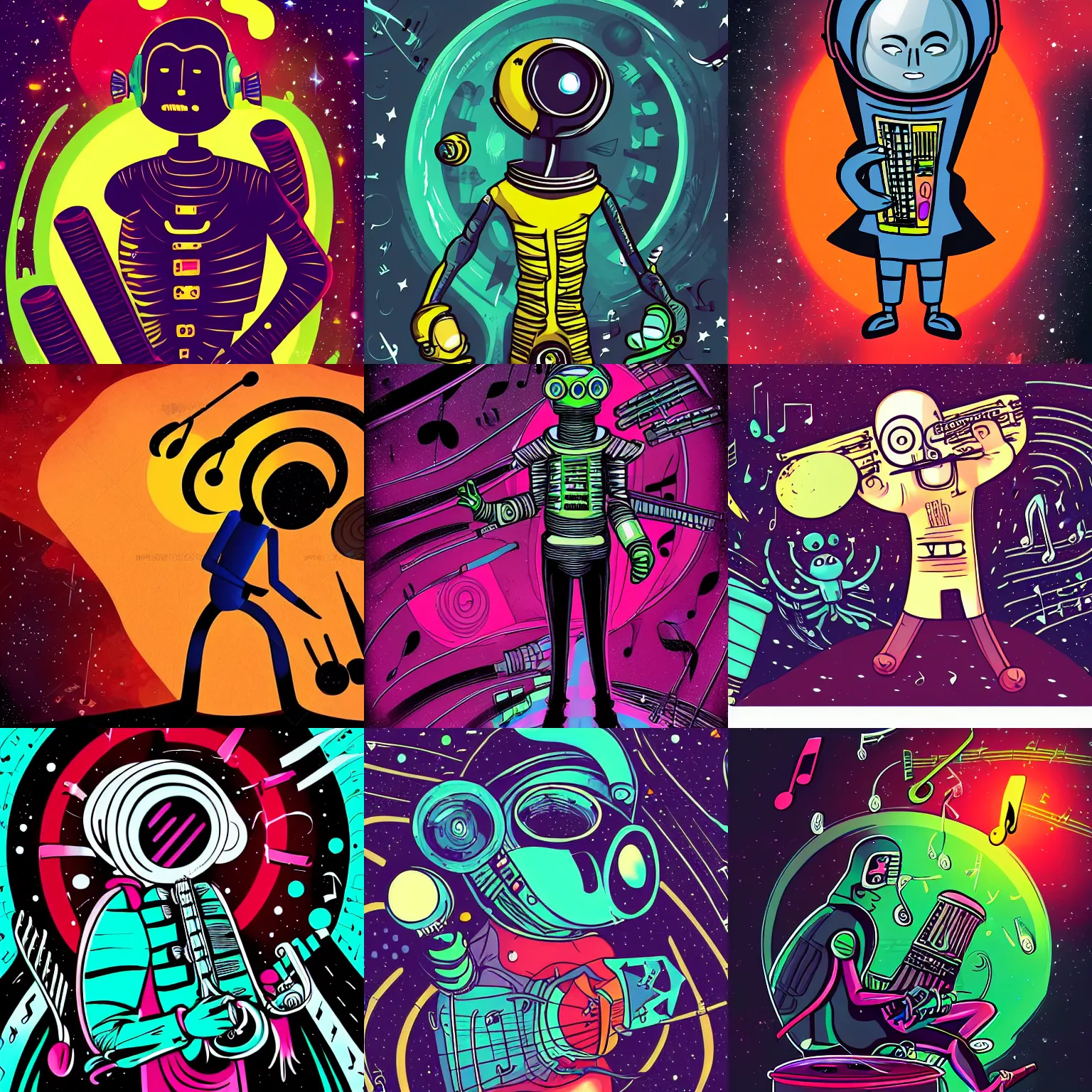 Prompt: an alien musician lost in space, surrounded by music, dark colors, comic art, hd, stylized character