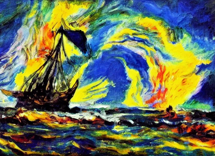 Image similar to the tempest fauvist maritime painting saturated colors deep blacks