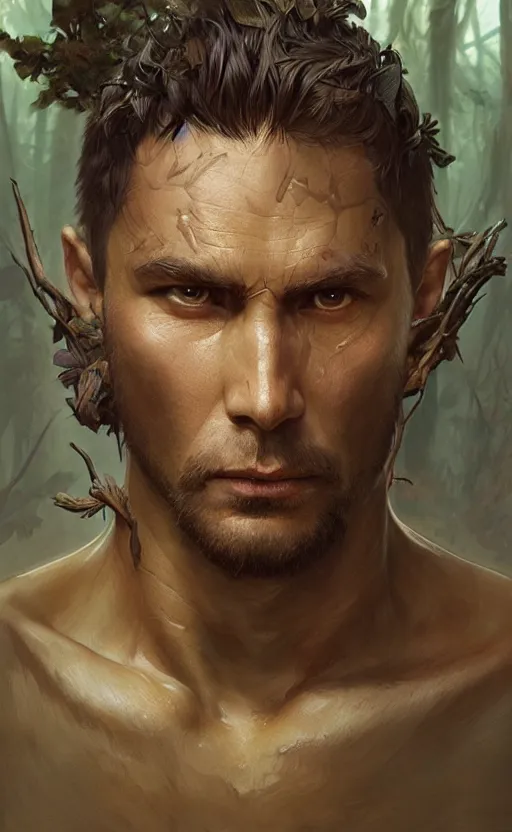 Image similar to Furious god of the forest, male, gorgeous, detailed face, clear face, amazing, muscular, intricate, highly detailed, digital painting, artstation, concept art, sharp focus, illustration, art by greg rutkowski and alphonse mucha