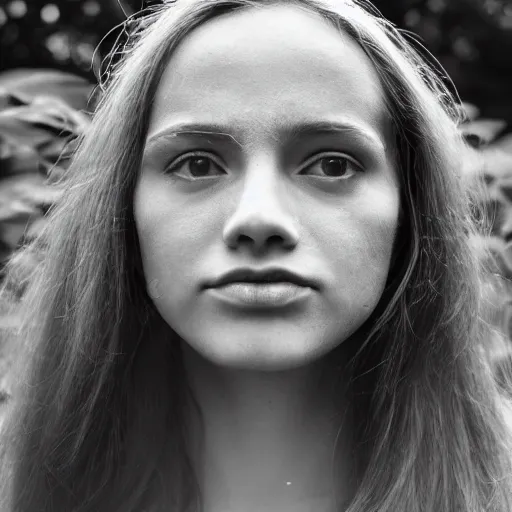 Prompt: ultraviolet spectrum portrait of a young woman in the garden, facial closeup, Ultra-Achromatic-Takumar 85mm F4.5, Baader U Venus filter, iso 800, f/4.5