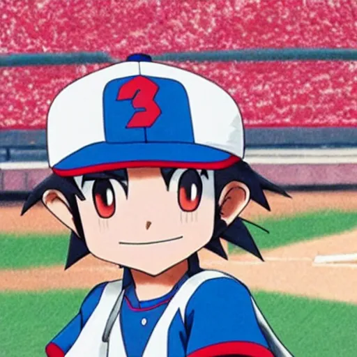 Prompt: ash ketchum at a baseball stadium, beautiful and crisp, official still from the anime