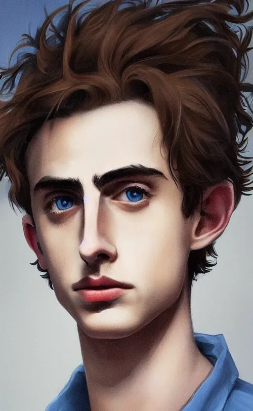 Image similar to portrait of a masculine 3 0 year old empeoror with thin face lines like timothee chalamet, have mi - long brown hair and blue eyes ( completely blue, without white, just blue ), very beautiful portrait, low angle, realistic anime style and perfect art, trending on artstation, good and dramatic lighting