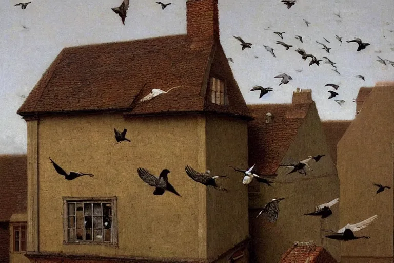 Prompt: a house with birds flying on too of it, insanely detailed, Michael Sowa