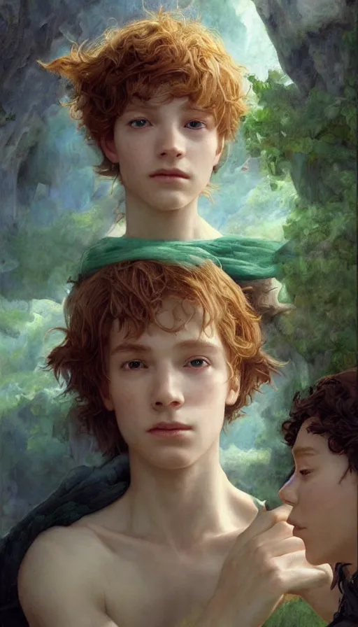 Image similar to epic masterpiece portrait peter pan and wendy, sweaty skin, hyperrealistic, octane render, cinematic, beautiful face and flawless skin, perfect hands, 5 fingers, by Edgar Maxence and Ross Tran and Michael Whelan, Legends of Runeterra