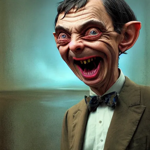 Image similar to Very very very very highly detailed epic central composition photo of Mr Bean as Smeagol face, intricate, happy colors, extremely detailed, digital painting, smooth, sharp focus, illustration, volumetric lighting, incredible art by Brooke Shaden, artstation, concept art, Octane render in Maya and Houdini
