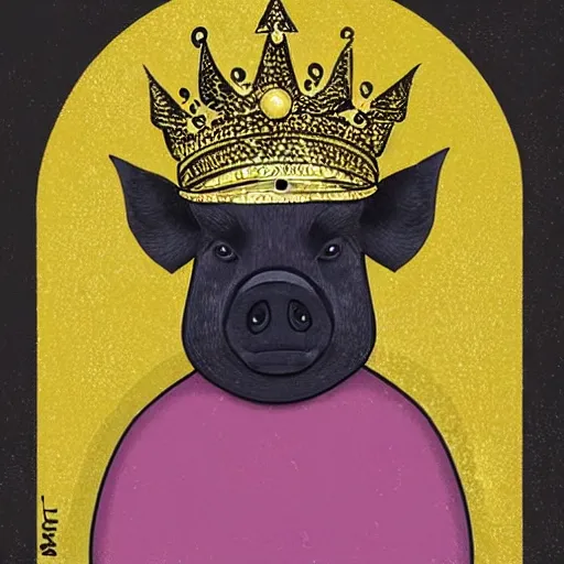 Image similar to pig wearing a simple gold crown in the style of Bruno Mangyoku