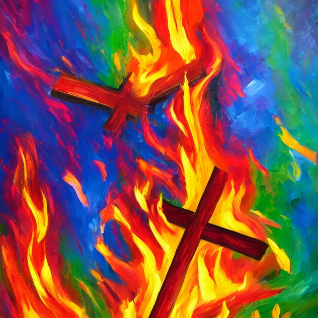 Prompt: cross in flames, fire burning in rainbow colors, oil painting, bold strokes