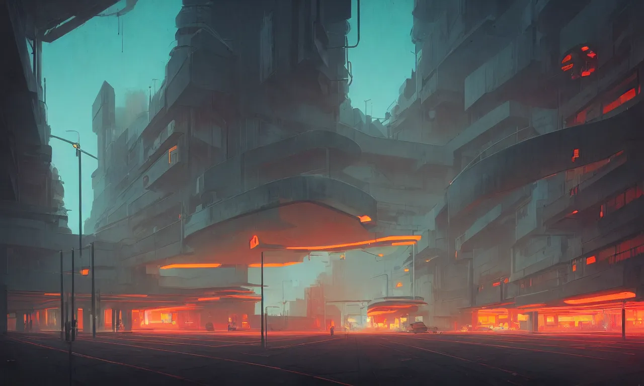 Image similar to simple brutalist architecture, colorful neon lighting, neon signs, greg rutkowski, syd mead, ralph mcquarrie, concept art, matte painting, highly detailed, rule of thirds, dynamic lighting, cinematic, detailed, denoised, centered