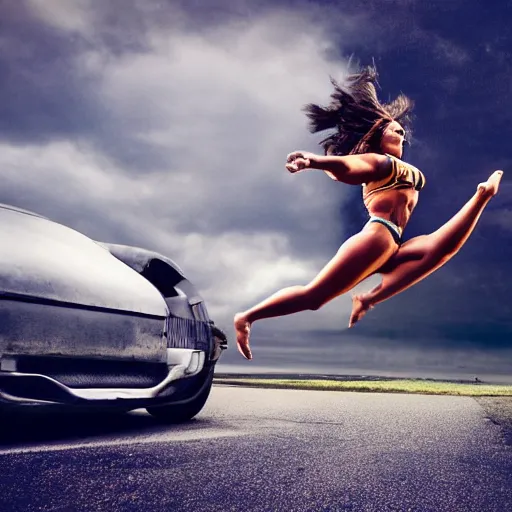 Image similar to car jumping, bodybuilder, woman, holding, photo, digital art, hands, underbody, throw, standing