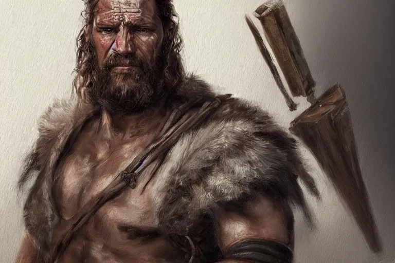 Image similar to a full body fantasy portrait oil painting illustration of a single rugged stoic barbarian man by Justin Sweet with face and body clearly visible, d&d, rpg, forgotten realms, artstation trending, high quality, sombre mood, artstation trending, muted colours, no crop, entire character,