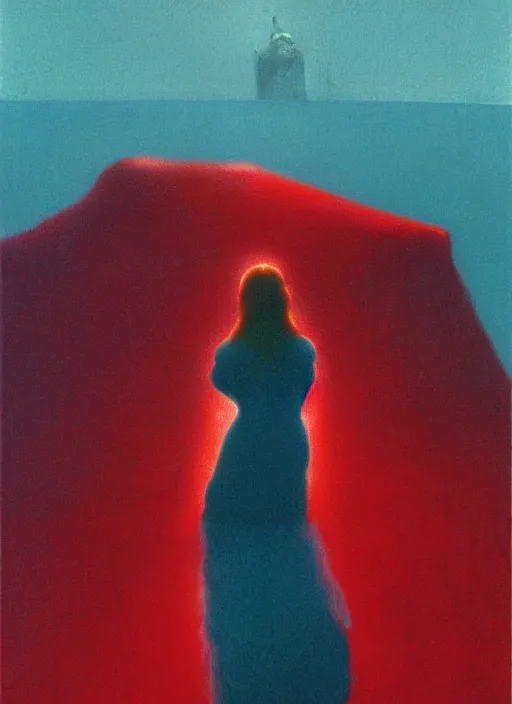 Image similar to woman with long red glowing hair on an iceberg in space Edward Hopper and James Gilleard, Zdzislaw Beksinski highly detailed