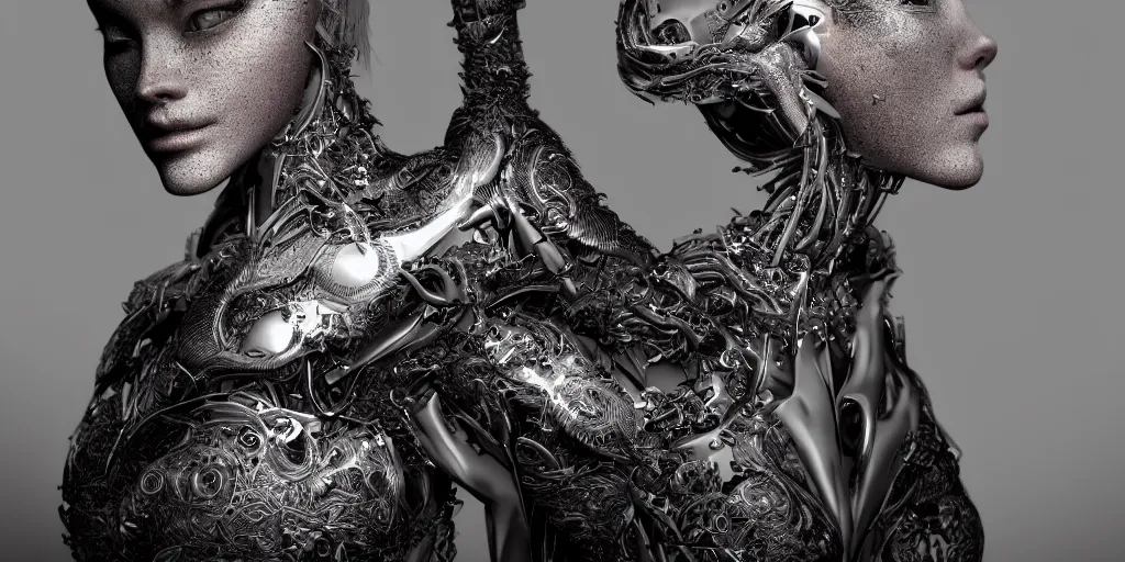 Prompt: hyper realistic photography of a stunningly beautiful cyborg female, elbow, chest, intimate, holding close, reflective chrome in the style of beth cavener, jin kagetsu,, and wlop, highly detailed, intricate filigree, masterpiece, award winning, sharp focus, concept art, ringflash lighting, ambient lighting, octane render, 8 k, artstation