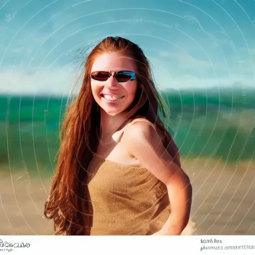 Image similar to A cute young woman, long shiny bronze brown hair, green eyes, cute freckles, smug smile, golden hour, beach setting medium shot, mid-shot,