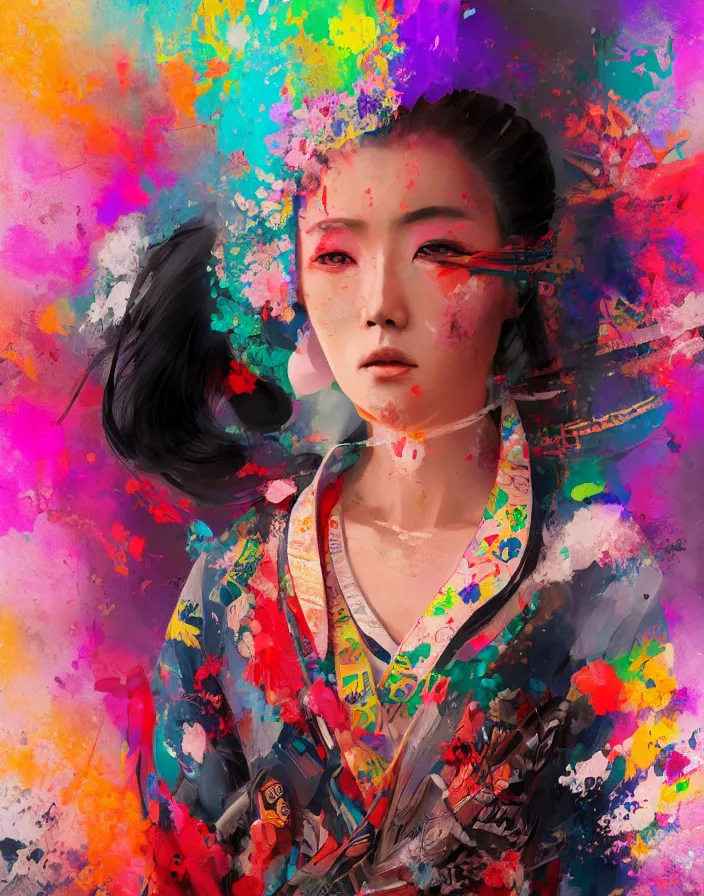 Prompt: a portrait of a geisha wearing a colorful kimono with graffiti tags, volume lighting, concept art, by greg rutkowski!!, colorful, xray melting colors!!