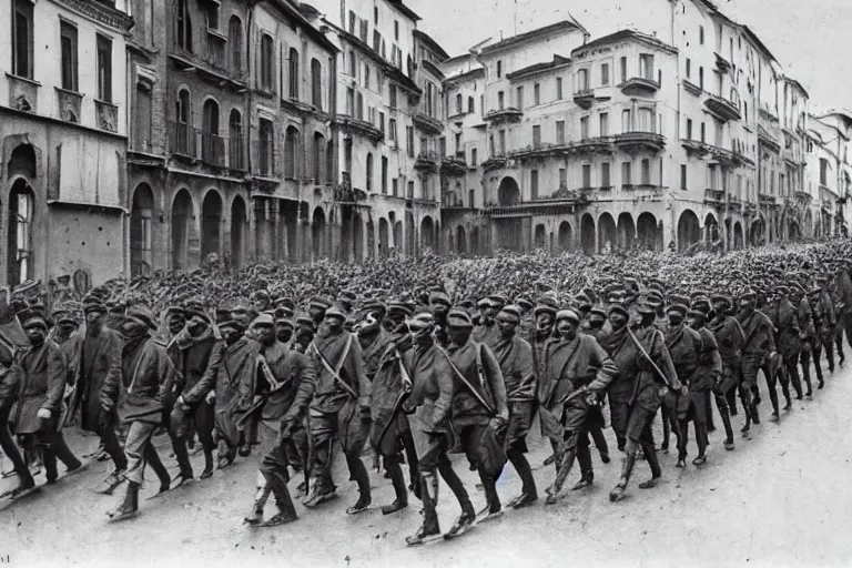 Image similar to occupying army marching through italian - style city, 1 9 0 5, black and white photography