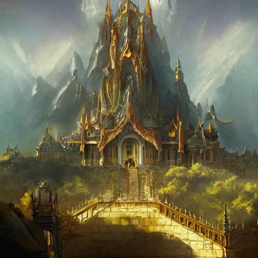 Image similar to grand palace of a great gold dragon by peter mohrbacher, matte painting, 8K, concept art, mystical color scheme, trending on artstation